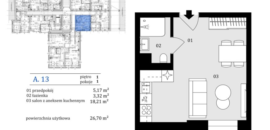 Kawalerka na 1 piętrze od dewelopera w centrum miasta